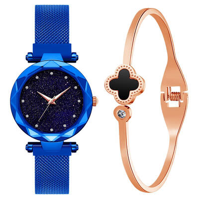

Hot Sale Watch With Bangle New Arrival Starry Sky Watch Mesh Band Stainless Steel Quartz Wristwatch Lady Luxury Diamond Watches