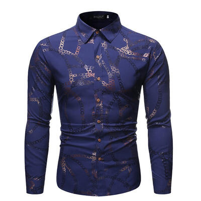 

Casual Chain Print Shirts Long Sleeve Turn-Down Collar Shirt Plus Size Top for Men