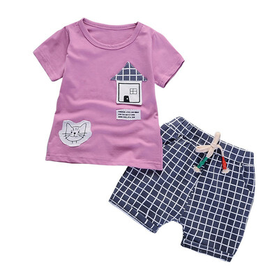 

Summer Boy Cute Cartoon Houses Pattern Short Sleeve T-shirt Plaid Shorts Trousers 2Pcs Clothes Set Comfortable For Dressing