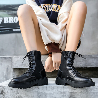 

Yi Dian leather booties womens autumn&winter new round head thick bottom flying woven so