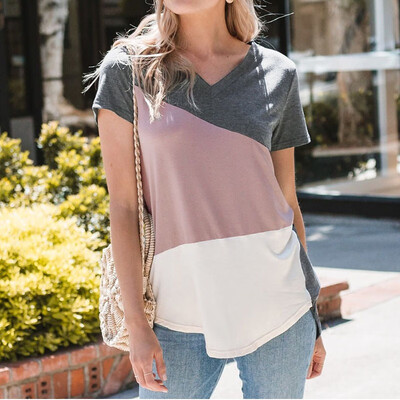 

Womens Fashion Simple Tshirt Casual V Neck Color Block Geometric Short Sleeve Basic Poleras Mujer De Moda 2019