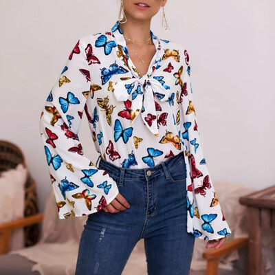 

Autumn New Bow Tie Butterfly Print Trumpet Sleeve Long Sleeve Shirt