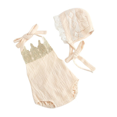 

Newborn Infant Baby Girl Cotton Sleeveless Straps Romper Hat Two-piece Set Jumpsuits Baby Clothing