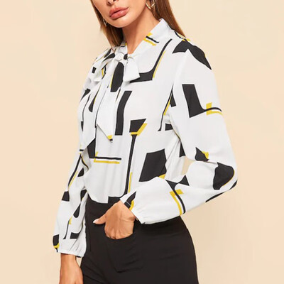 

Women Polyester Blouse Office Casual Autumn New Bowknot Geometric Printing Tops