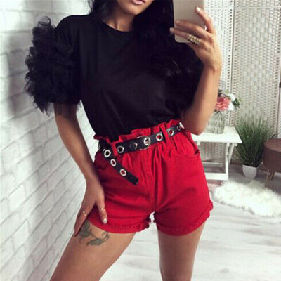 

Women Summer Tulle Ruffle Short Sleeve T Shirt Ladies Loose Casual Blouse Top