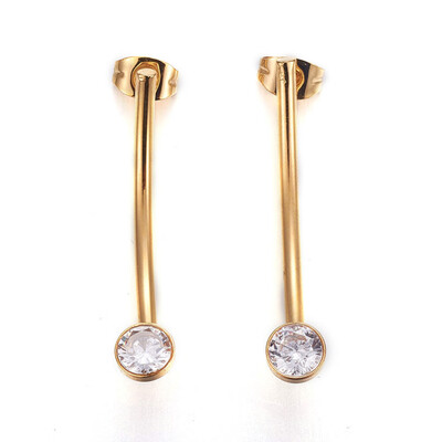 

304 Stainless Steel Stud Earrings with Rhinestone Curved Golden Crystal 33x6x95mm Pin 07mm