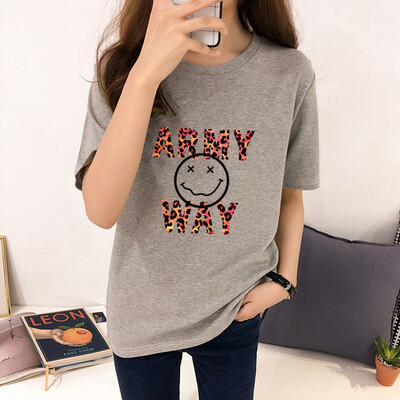 

Tee Shirt Femme Womens Korean Style Round Neck Cartoon & Letters women tshirt Print Half Sleeve Loose T-Shirt