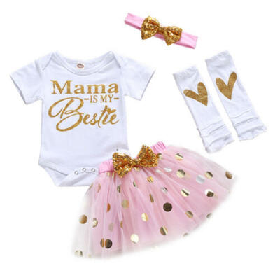 

Baby Girl MAMA IS MY BESTIE Romper Tops Tutu Skirt Party Dress 4Pcs Set Clothes