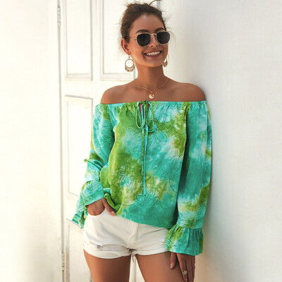 

Women One Word Collar Summer Sexy Printed Strapless Halter Lace Up Trumpet Sleeve Casual Loose Tops