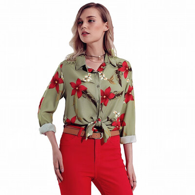 

Suit collar single-breasted long-sleeved printed blouse loose business white-collar shirt