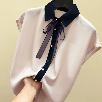 

Women Summer Temperament Solid Color T-shirt Ladies Vintage Short Sleeve Bow Casual Tops