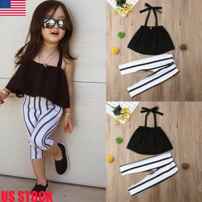 

US Toddler Baby Girls Clothes Summer Strap TopsStripes Pants Outfits Set 1-6T