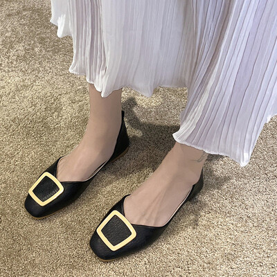 

Low Upper Flat sole Single Shoe Overlay Shoe Square Button Lady Shoe Leather Shoe Autumn Korean version Softsole Shoe