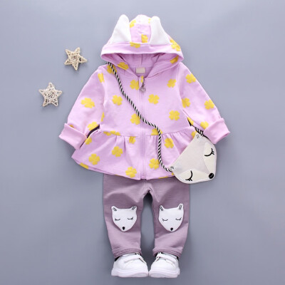 

Toddler Baby Girls Long Sleeves Print Hooded Coat Tops Solid Fox Pants Bag Sets