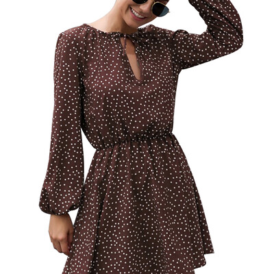 

V-neck Sweet Wave Point Dress Puff Sleeve Long Sleeve Waist Slimming Mini Skirt Coffee
