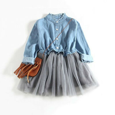 

Cute Kid Baby Girl Casual Long Sleeve Denim Tutu Tulle Princess Party Dress 1-6Y