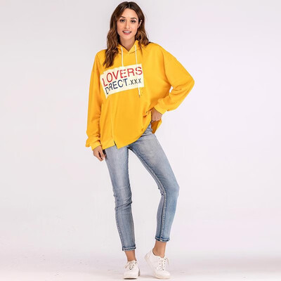 

Women Hoodie Drawstring Letter Print Splits Irregular Hemline Long Sleeve Oversized Casual Sweatshirt