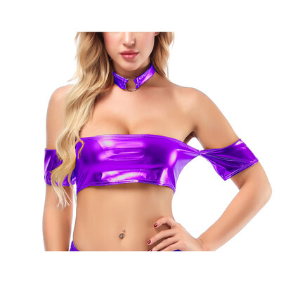 

Womens Shiny Wetlook Tops Sexy Slim Fit Off Shoulder Clubwear Nightclub Bandeau