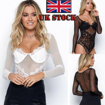

UK Women Bodysuit Stretch Leotard Lace Long Sleeve Body Tops T shirt Jumpsuit