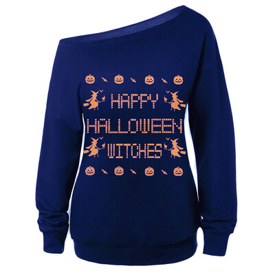 

Skew Neck Witches Print Halloween Sweatshirt