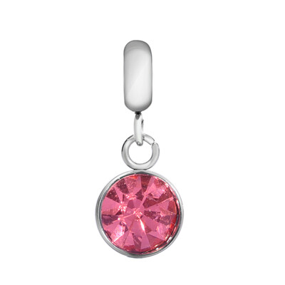 

316 Stainless Steel European Dangle Beads with Rhinestone Large Hole Pendants Flat Round Stainless Steel Color Light Rose