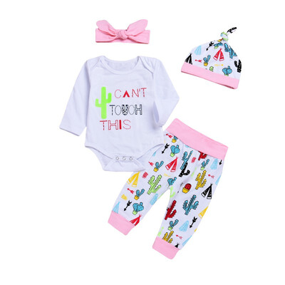 Newborn Baby Girls Clothes Long Sleeve BodysuitPant Bowknot HeadbandHat 4pc Cotton Casual Set