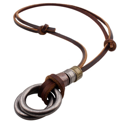 

Leather Skin Rope Double Iron Hoop Pendant Necklace