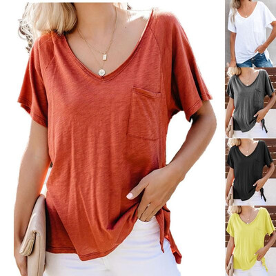 

Cross-border AliExpress Amazon wish2019 summer explosion womens shirt solid color v-neck bamboo cotton short-sleeved T-shirt red