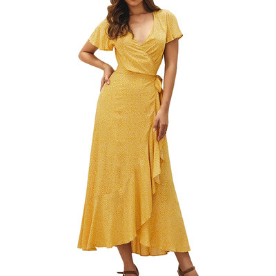 

Summer Print Dress Womens Solid Color V-neck Short-sleeved Ruffle Dress