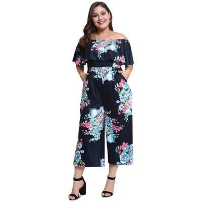 

Off The Shoulder Flounce Floral Print Pocket Plus Size Women Jumpsuit