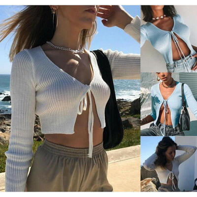 

New Women Long Sleeve Lace Up T Shirt Lady Tie Knot Front Plunge Neck Crop Tops