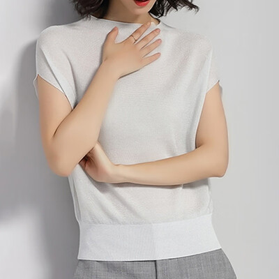 

Womens O Neck Solid Short Batwing Sleeve Knitted Ice Silk Slim Pullover T-Shirt