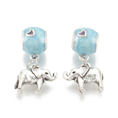 

Alloy European Dangle Beads Large Hole Pendants with Enamel Elephant LightSkyBlue Antique Silver 26mm