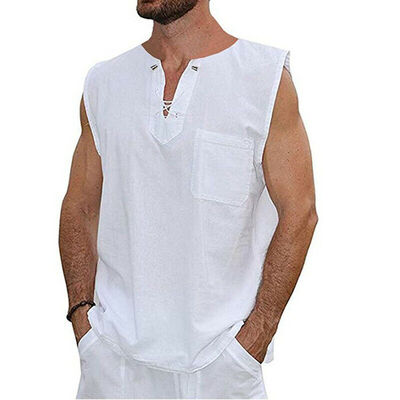 

Mens Linen Sleeveless Summer Solid Shirts Casual Loose Dress Soft Tops Tee