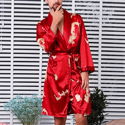 

Mens Dragon Kimono Chinese Men Faux Silk Robe Gown Bathrobe Dress Nightrobe