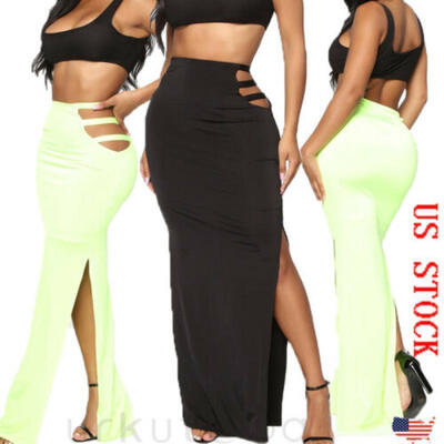 

US Women Retro High Waist Double Slit Hollow Skirt Long Elastic Waist Maxi Dress
