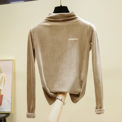 

Women Autumn Embroidered Slim High Collar Bottoming Long Sleeve Solid Color Casual T-shirt