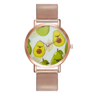 

〖Follure〗Woman Fashion Avocado Pattern Alloy Steel Strap Analog Quartz Round Watch