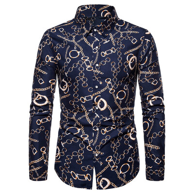

Tailored Men Summer Slim Loose Hawaii Long Sleeve Printed Turn-down Collar T-shirt Tops