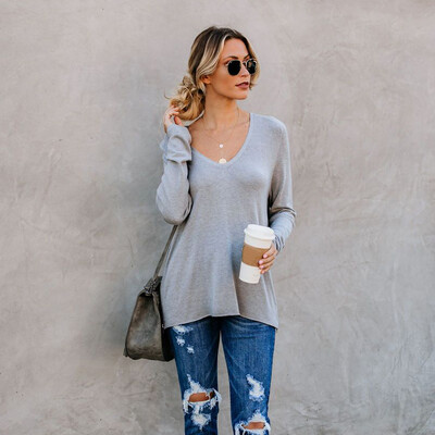 

Nomeni Women Solid Lady Long Sleeve Loose Zipper V Neck Tops Shirt Casual Tunic Blouse