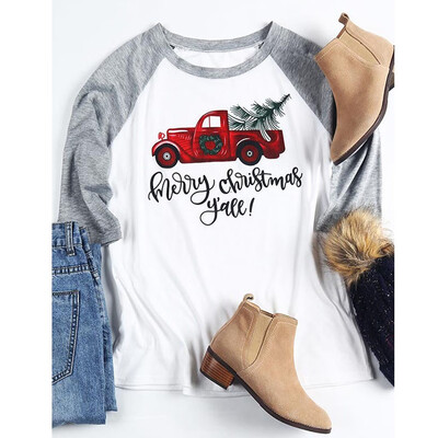 

Tailored Women Casual Merry Christmas Letter Print Long Sleeve Splice T-Shirt Tops