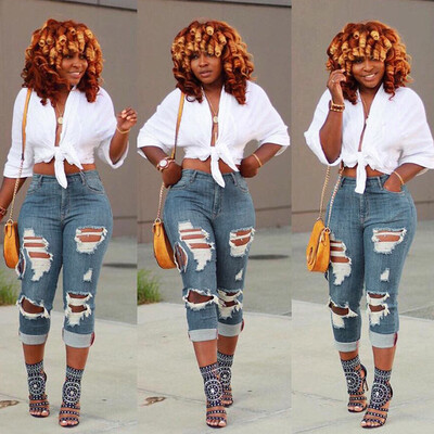 

〖Follure〗Women Mid Waisted Hole Skinny Denim Jeans Stretch Slim Pants Calf Length Jeans