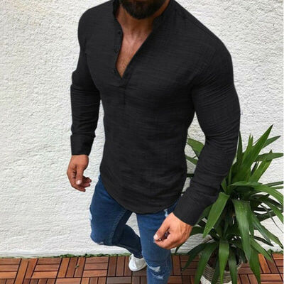 

Mens Slim Fit V Neck Long Sleeve Muscle Tee T-shirt Casual Tops Henley Shirts