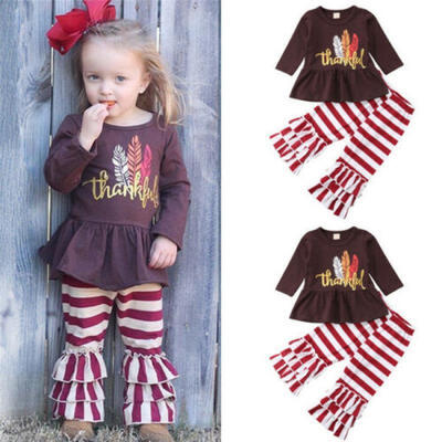 

US Toddler Kids Baby Girl Thanksgiving Dress Tops Stripe Leggings Outfit Clothes