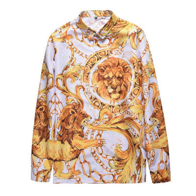 

Mens Long Sleeve Retro Shirts Lion Printed Button Down Loose Fit T-shirts