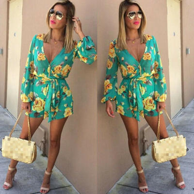 

Womens Floral Clubwear Playsuit Bodysuit Party Jumpsuit Romper Chiffon Shorts UK