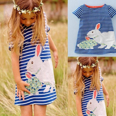 

Hot Toddler Kids Baby Girls Summer Navy Striped Cartoon Rabbit Short Sleeve Dress