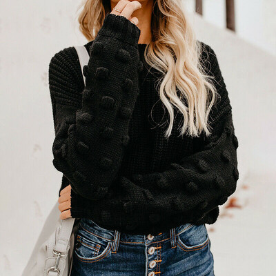 

Women Round Neck Cable Knit Long Loose Lantern Sleeve Solid Sweater Pullover Top