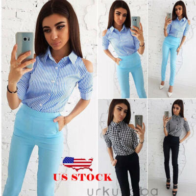 

US Women Plaid Blouse Top Long Sleeve Ladies Casual Stripe Cold Shoulder TShirt