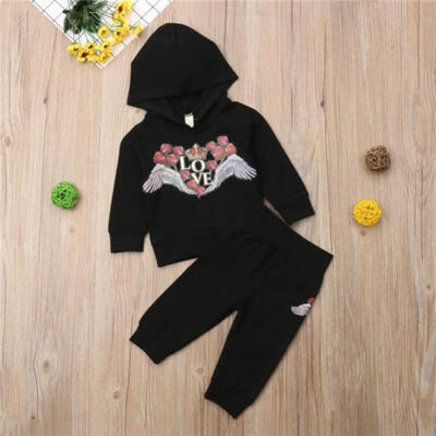 

Kids Baby Girl Black Rose Hooded Tops Coat Pants Leggings Autumn Outfits Clothes
